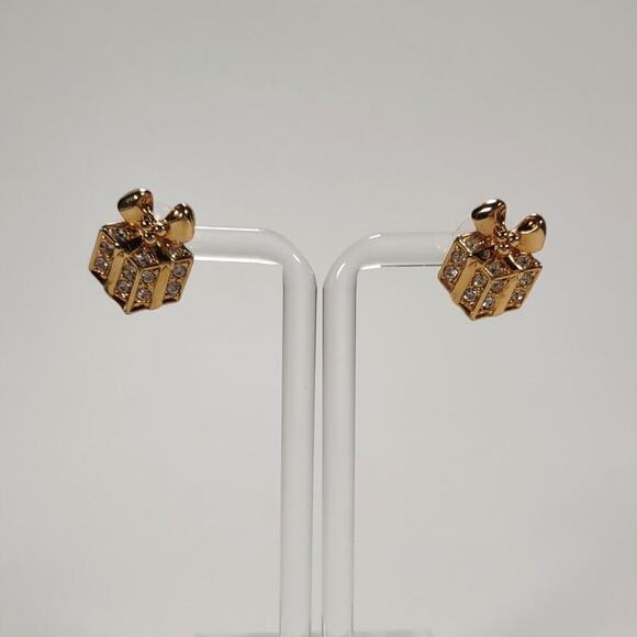 Vintage 1992 Avon Christmas Present Rhinestone Pierced Ear Stud Earrings - Picture 1 of 7